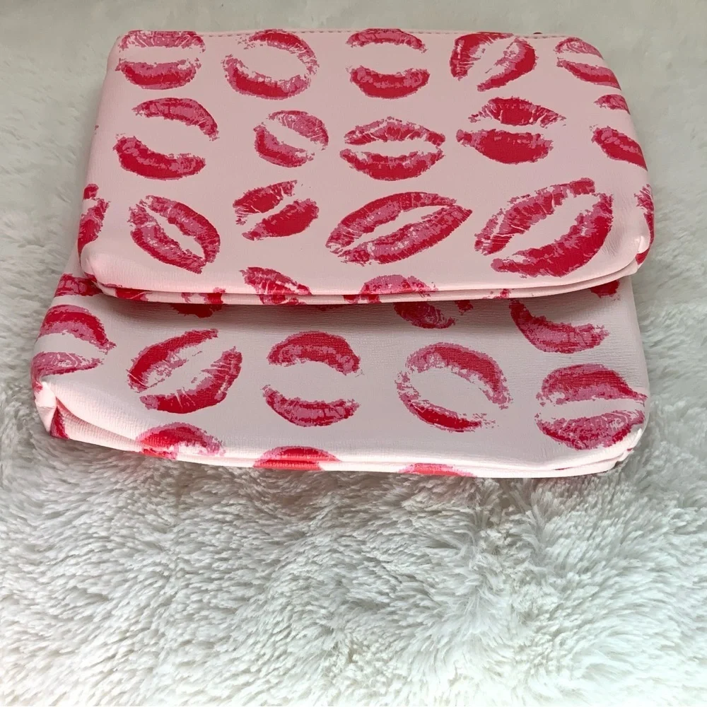 Ipsy Bags Red Lip Kisses Print Set of 2 Multipurpose Cosmetic Bags Bundle of 2